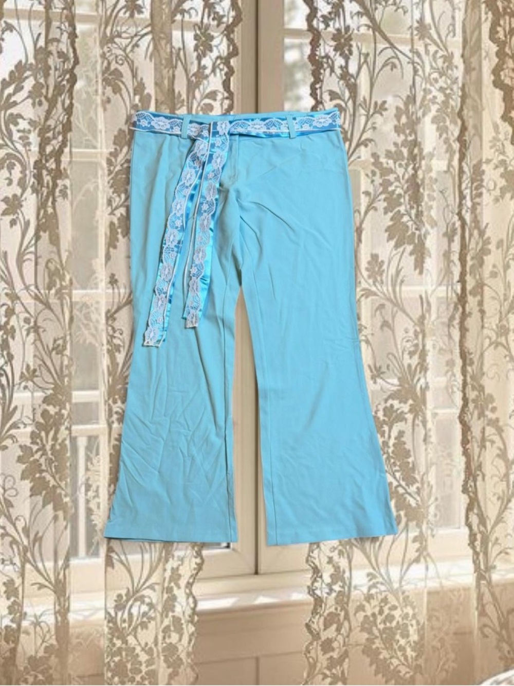 Vintage Y2K Deadstock Blue Low-rise Flare Capri Pants with Lacey Ribbon Belt